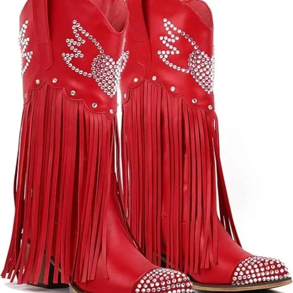 Cowboy Boots for Women Red Cowgirl Boots with Fringe Rhinestone Hearts - Picture 4 of 5